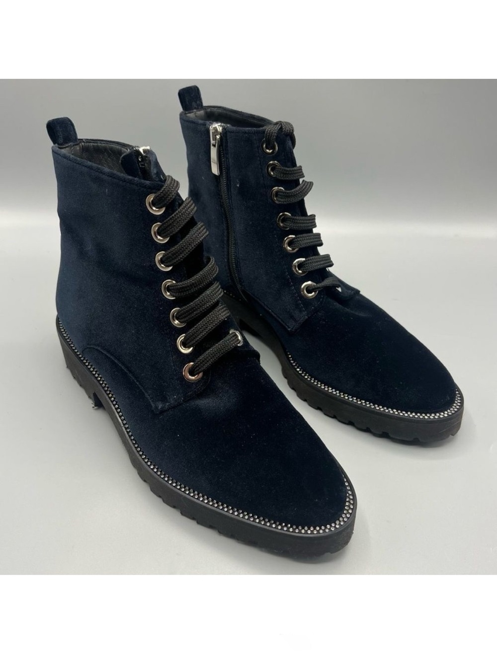 Diane B. Blue Velvet Lace-Up Boots with Crystal Trim NWOT